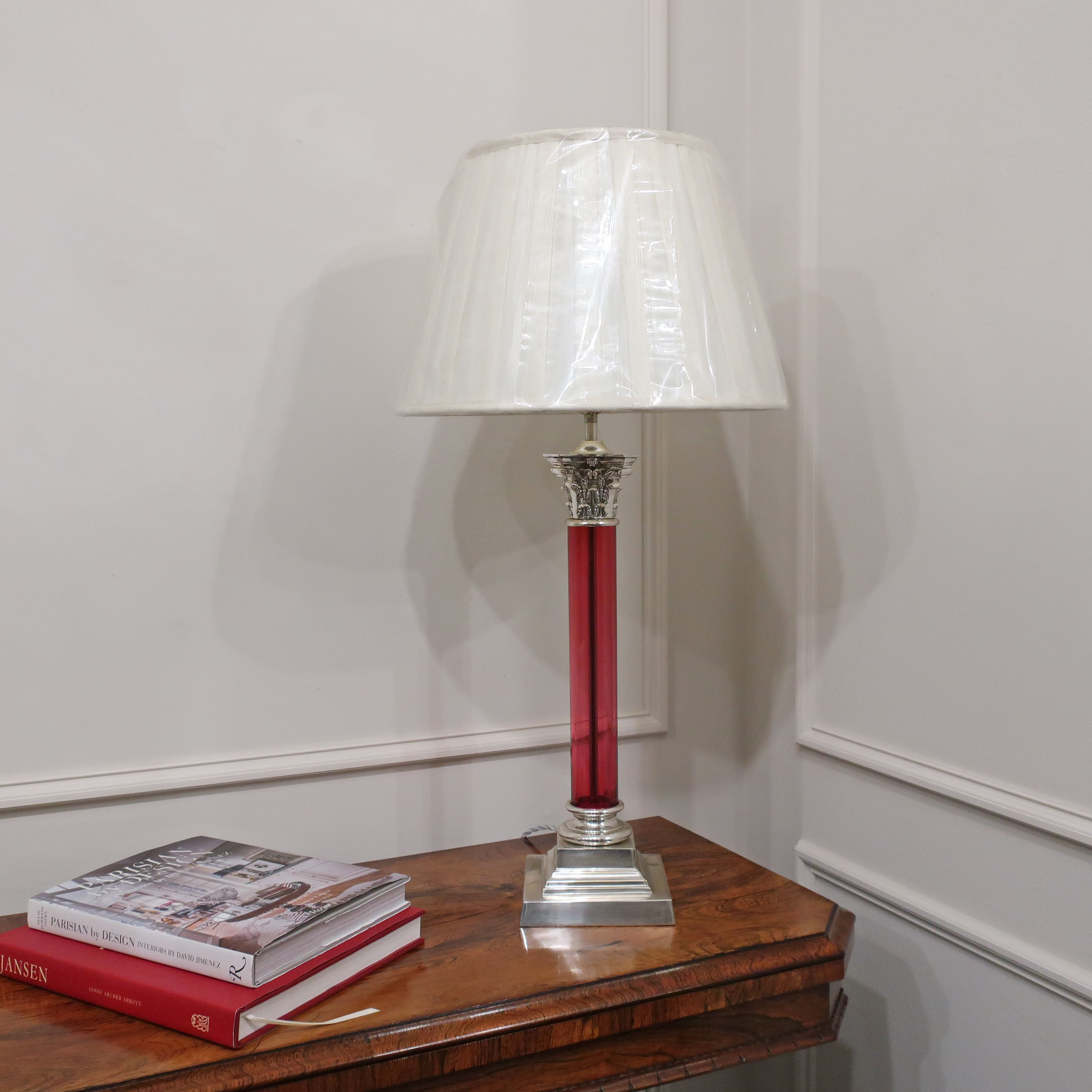 Edwardian Silver & Cranberry Glass Corinthian Column Table Lamp