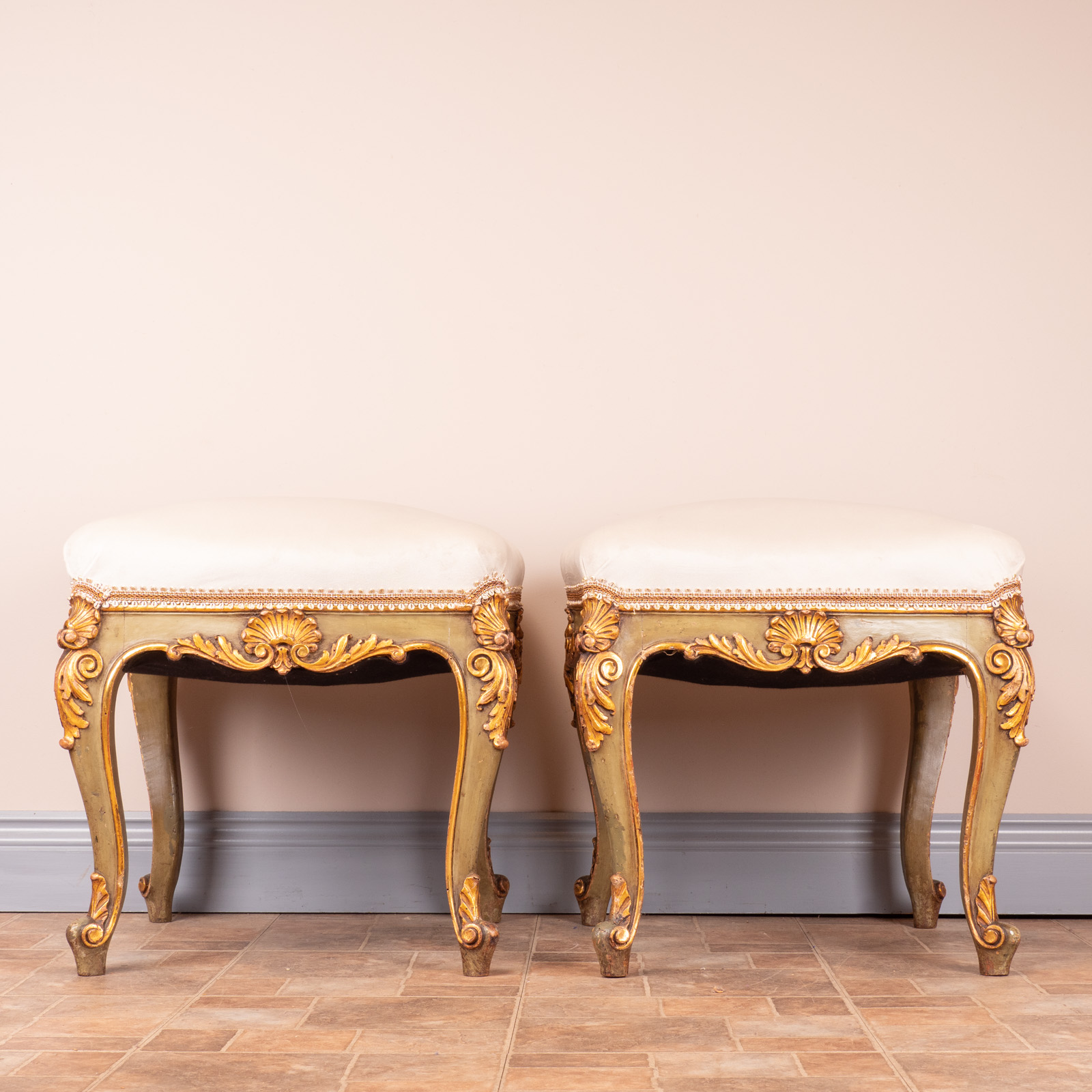 Decorative Pair Of Painted And Gilded Continental 19thC Stools