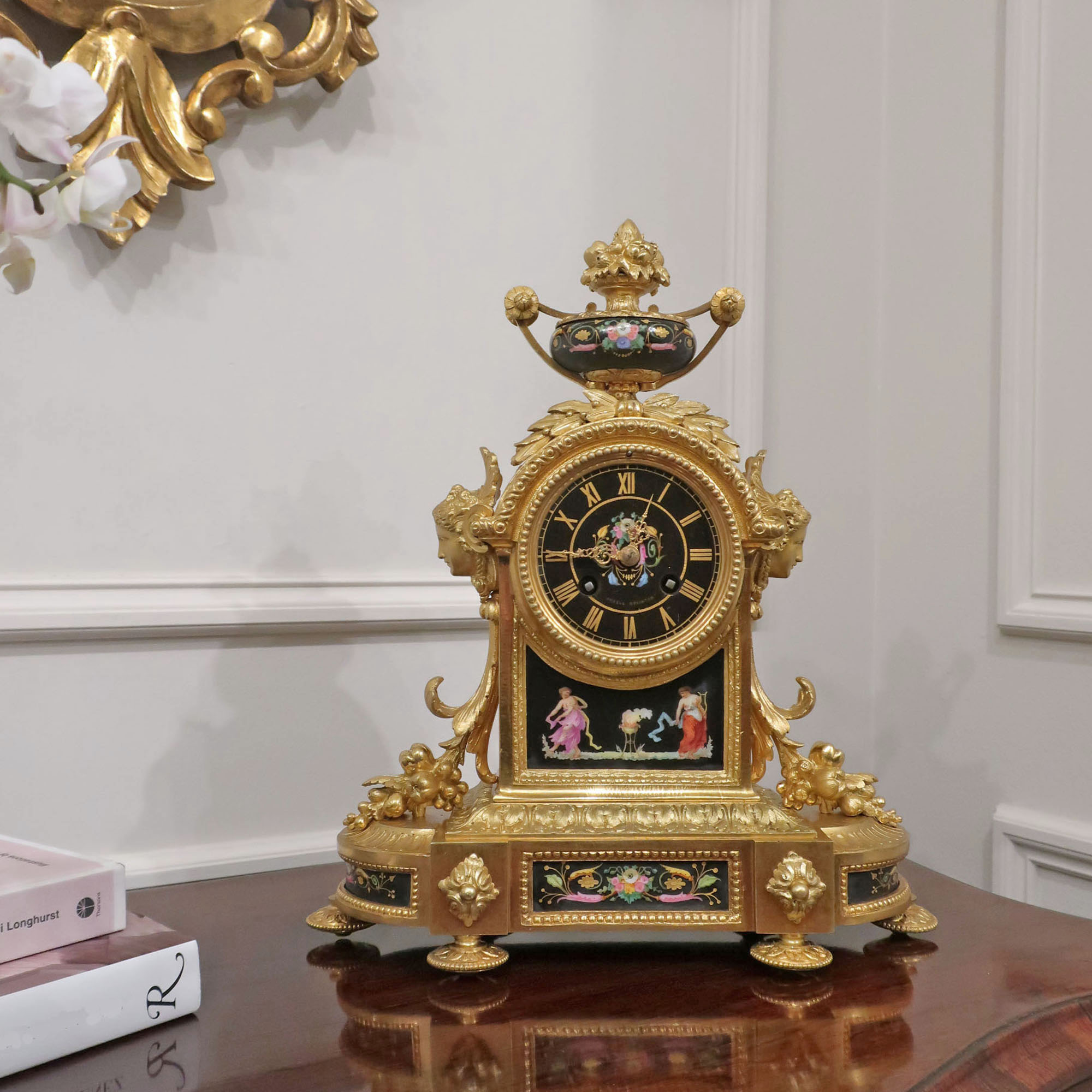 French Louis XVI Style Gilt Bronze & Porcelain Mantel Clock