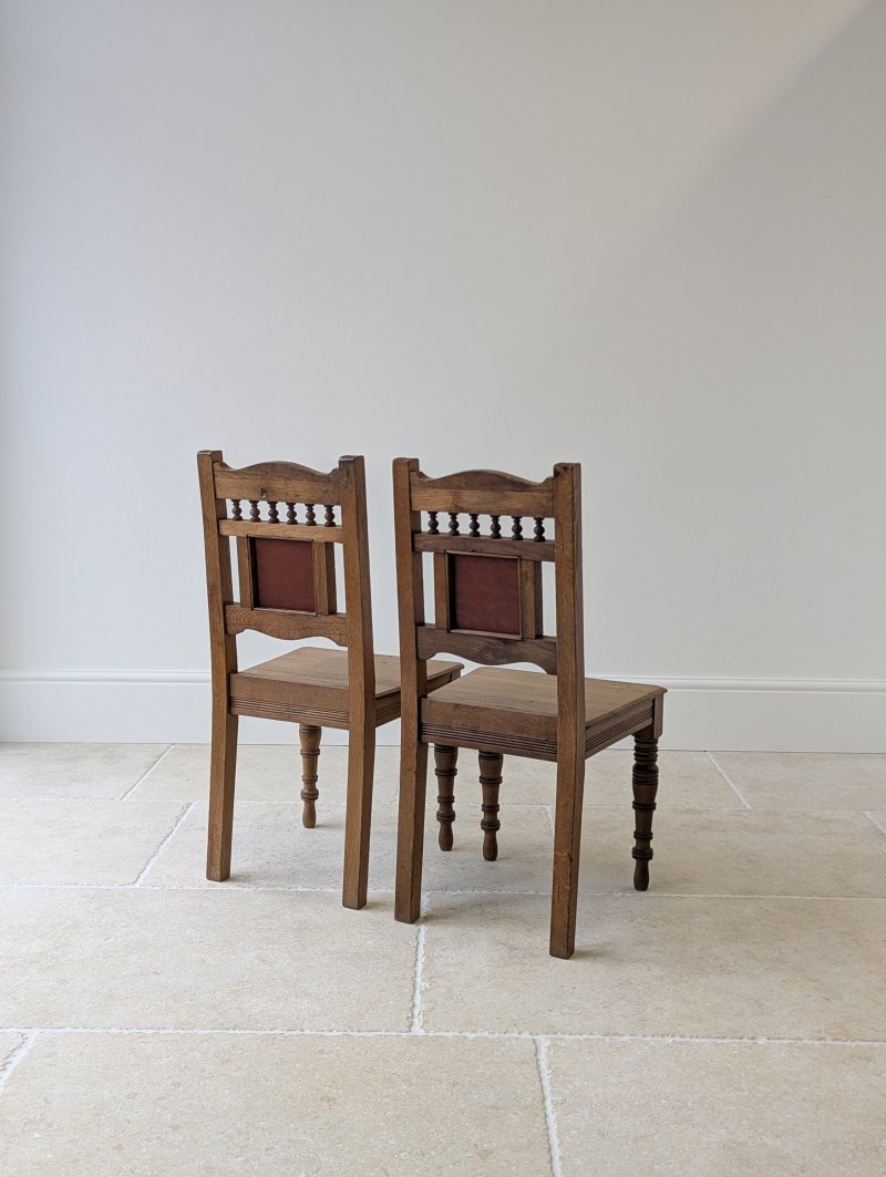 Pair of Antique Victorian Oak Side Chairs with Ceramic Tile Backs c.1890