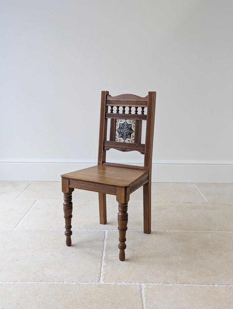 Pair of Antique Victorian Oak Side Chairs with Ceramic Tile Backs c.1890
