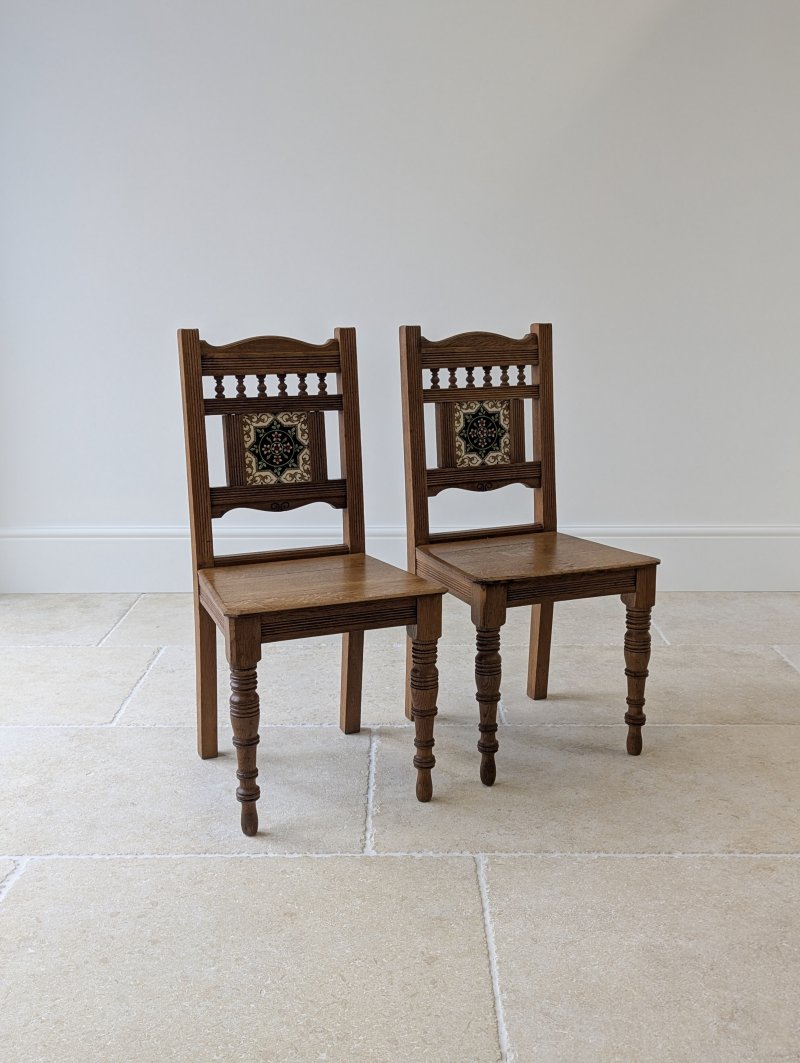 Pair of Antique Victorian Oak Side Chairs with Ceramic Tile Backs c.1890