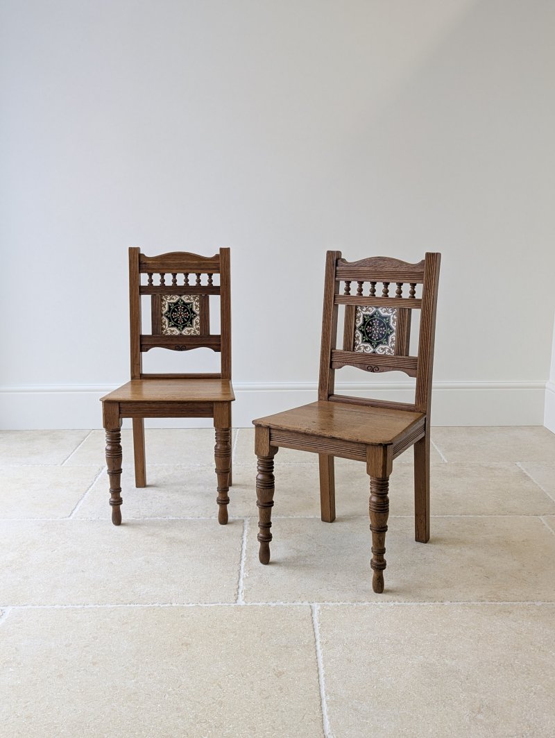 Pair of Antique Victorian Oak Side Chairs with Ceramic Tile Backs c.1890