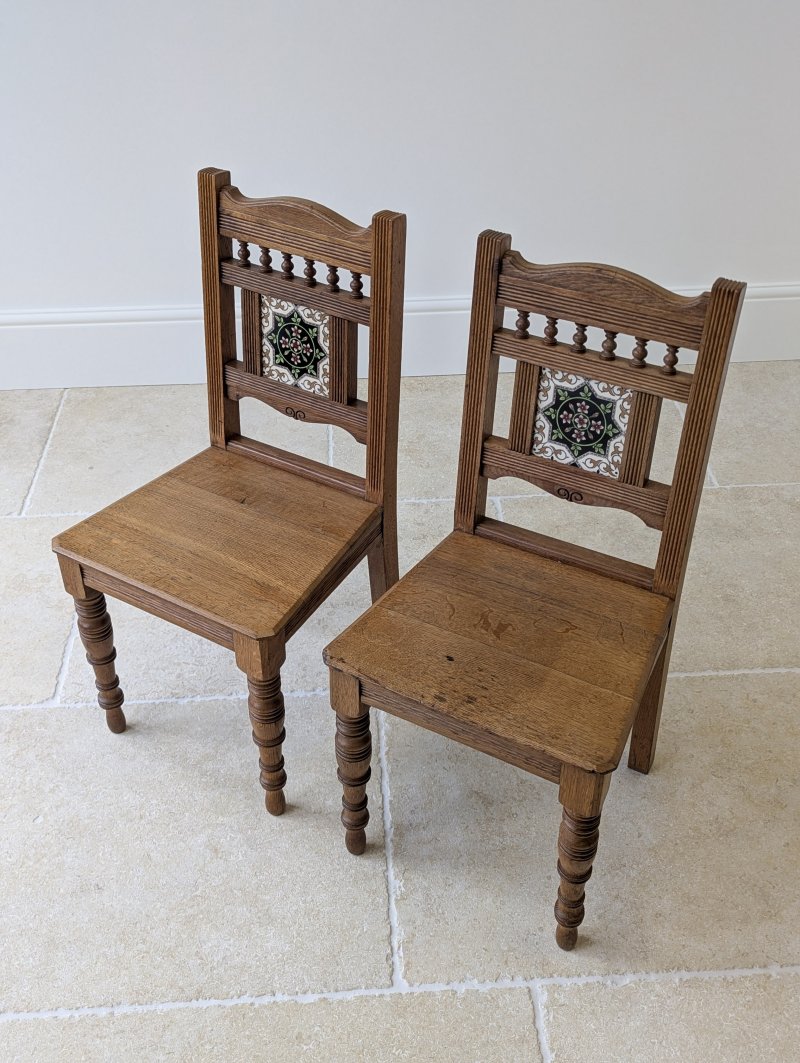 Pair of Antique Victorian Oak Side Chairs with Ceramic Tile Backs c.1890
