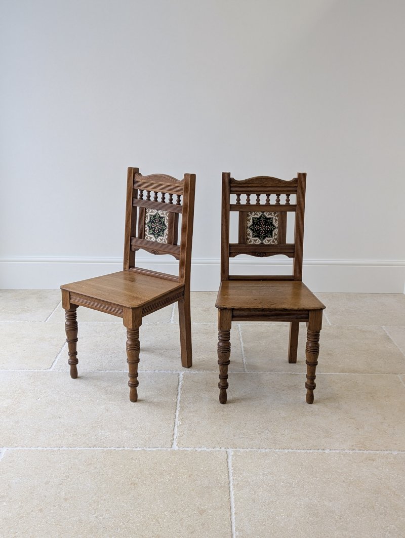 Pair of Antique Victorian Oak Side Chairs with Ceramic Tile Backs c.1890