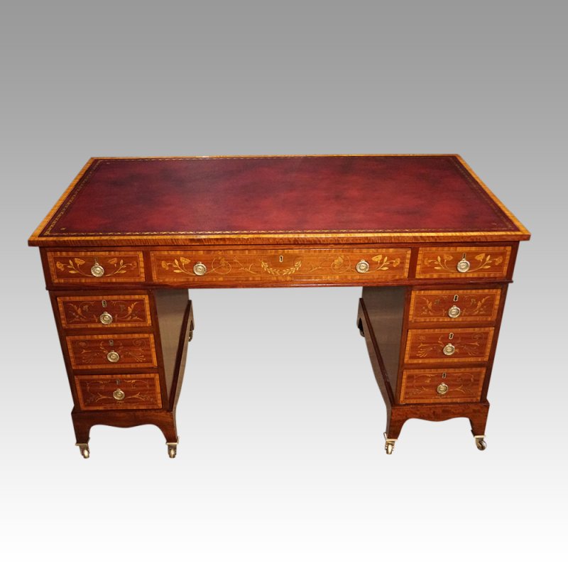 Edwardian inlaid mahogany pedestal desk