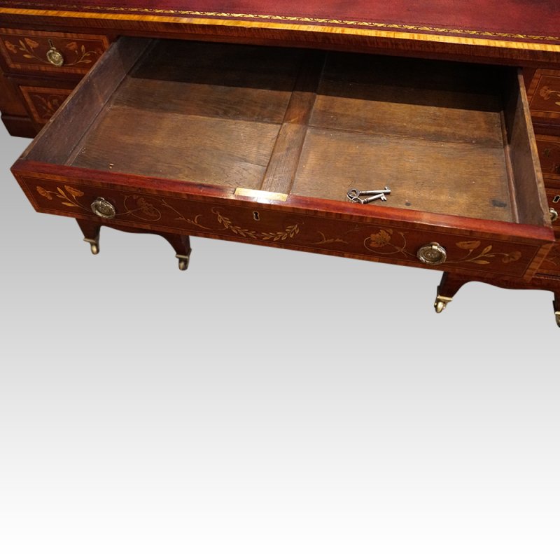 Edwardian inlaid mahogany pedestal desk