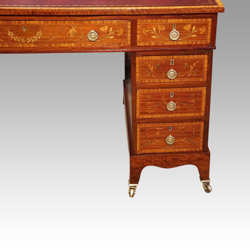 Edwardian inlaid mahogany pedestal desk
