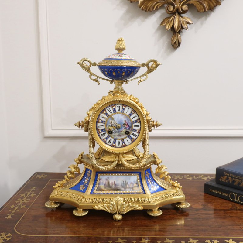 French Louis XVI Style Gilt Bronze & Porcelain Mantle Clock by Japy Freres