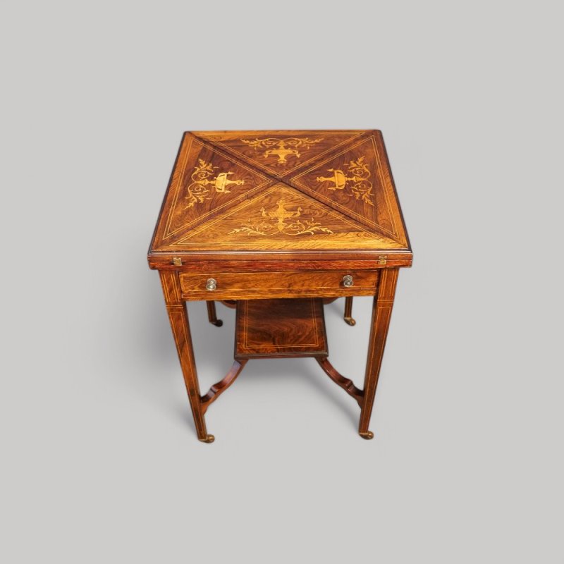 Victorian inlaid rosewood envelope card table