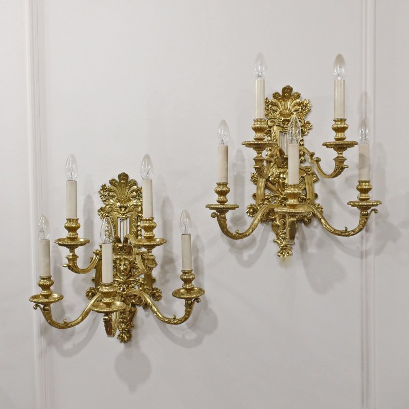 Pair of French Louis XIV Style Gilt Bronze Wall Lights
