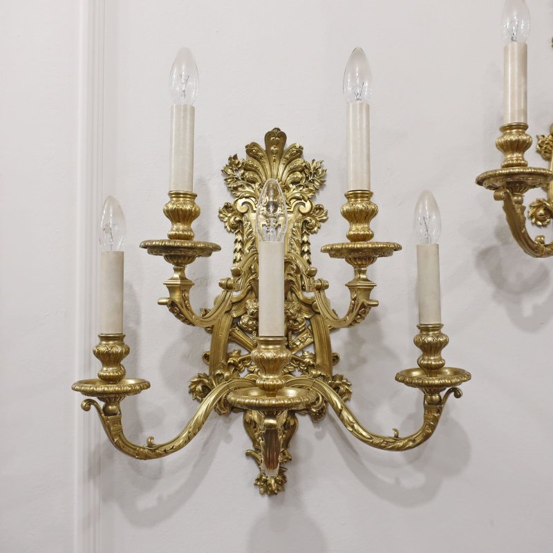Pair of French Louis XIV Style Gilt Bronze Wall Lights