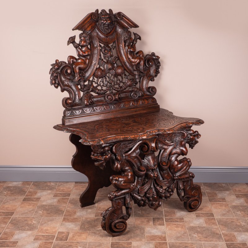 Italian Renaissance Revival Walnut Hall Bench