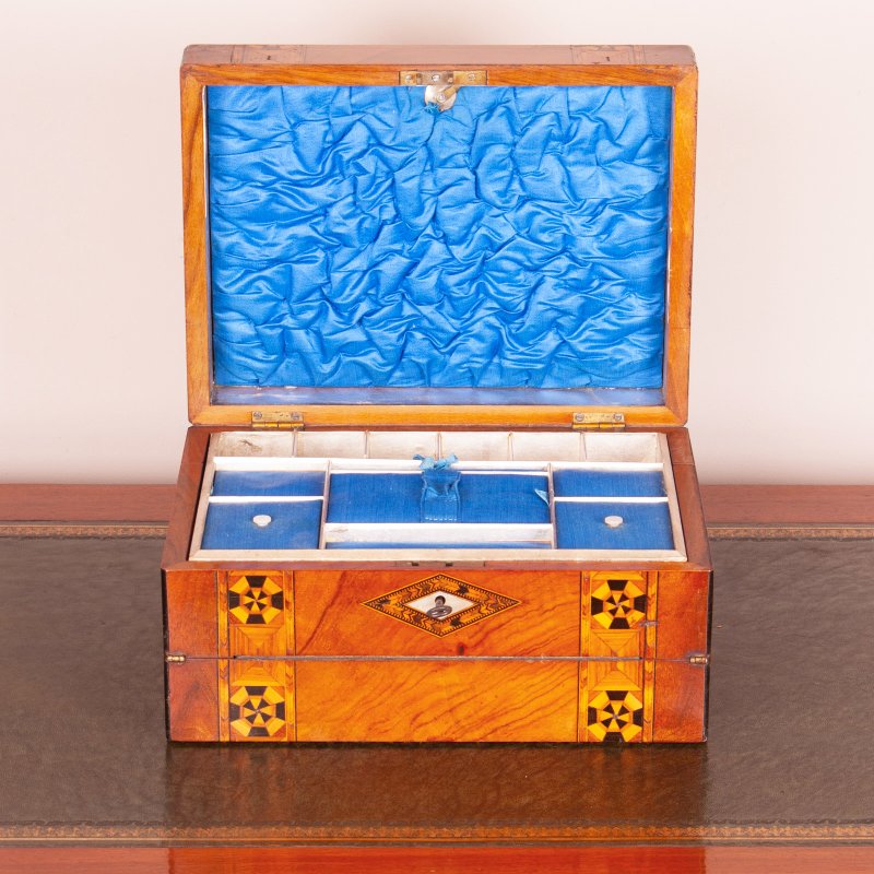 Victorian Inlaid Walnut Writing and Sewing Box