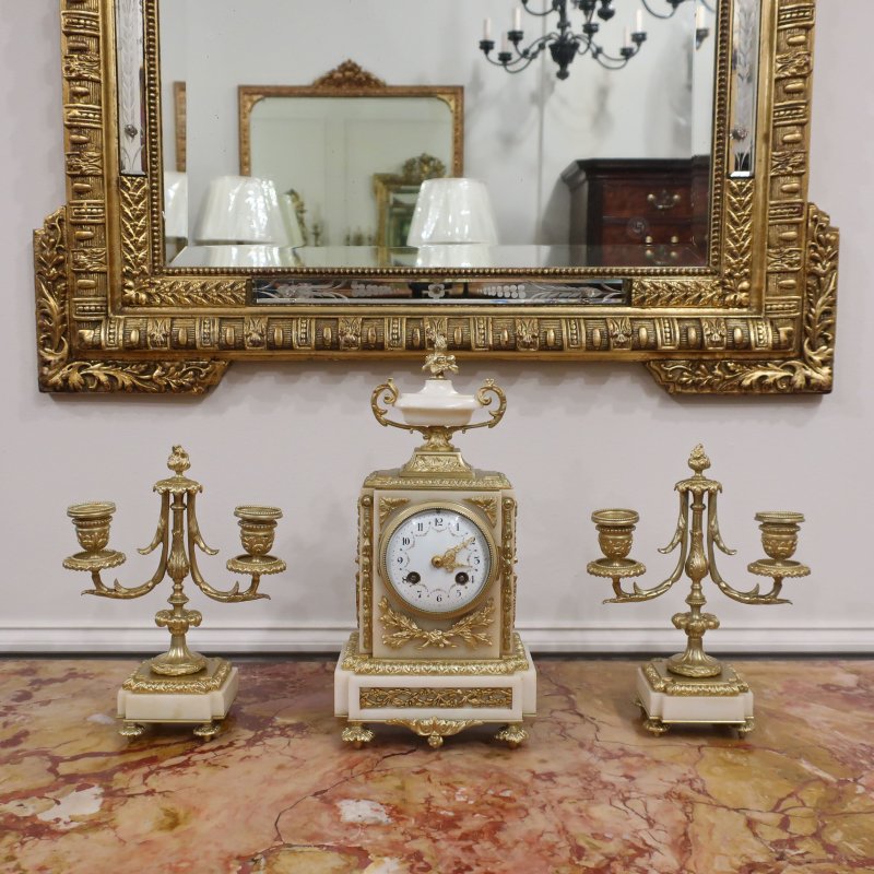 French Louis XVI Style Marble  Bronze Gilt Clock Set by Samuel Marti