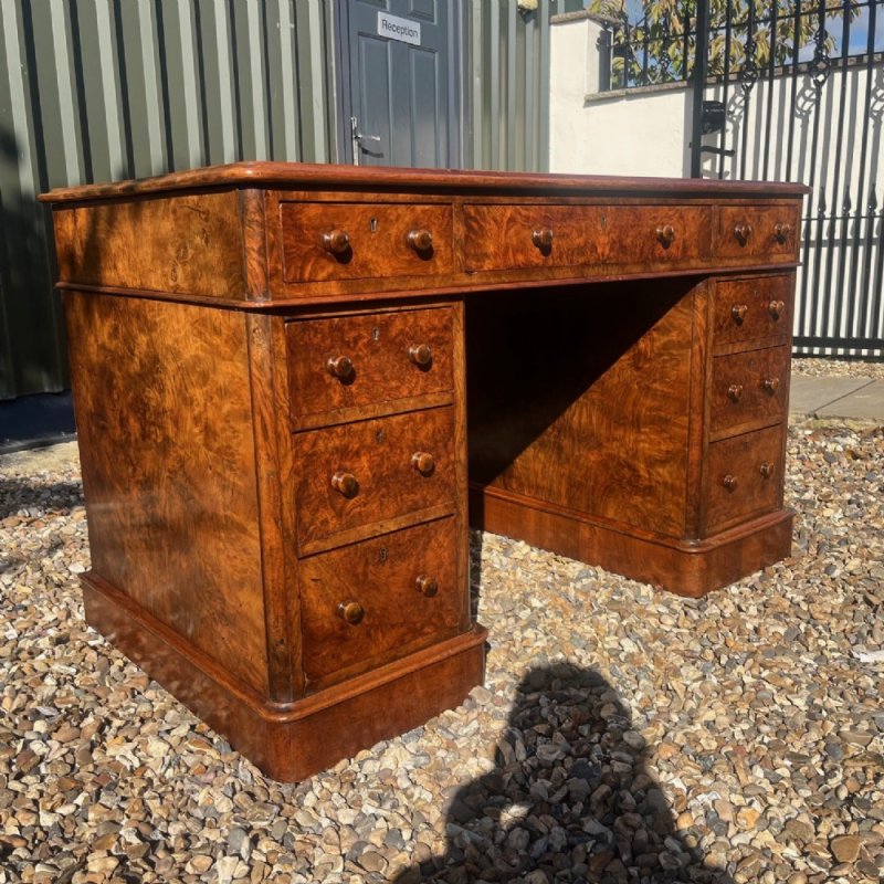 A Fine Quality Victorian Period Burr Walnut Antique Pedestal Desk