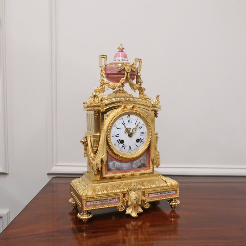 French Bronze Gilt & Porcelain Mantel Clock by Japy Freres