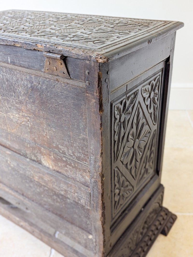 Antique Late 17th Century Carved Oak Mule Chest c.1680