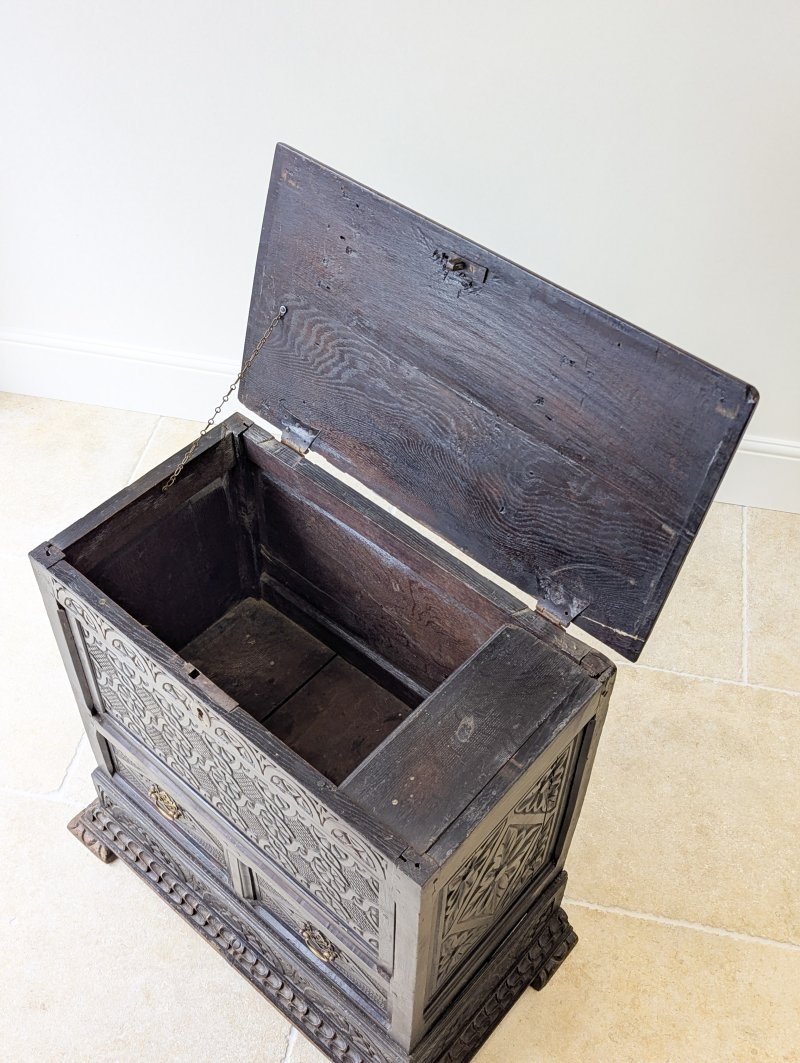 Antique Late 17th Century Carved Oak Mule Chest c.1680