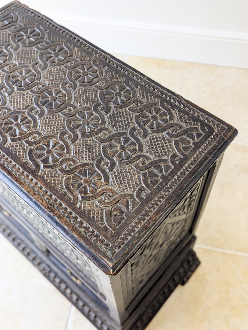 Antique Late 17th Century Carved Oak Mule Chest c.1680