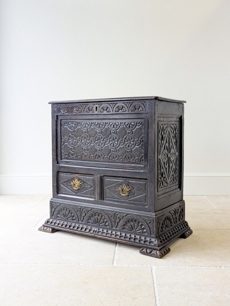 Antique Late 17th Century Carved Oak Mule Chest c.1680