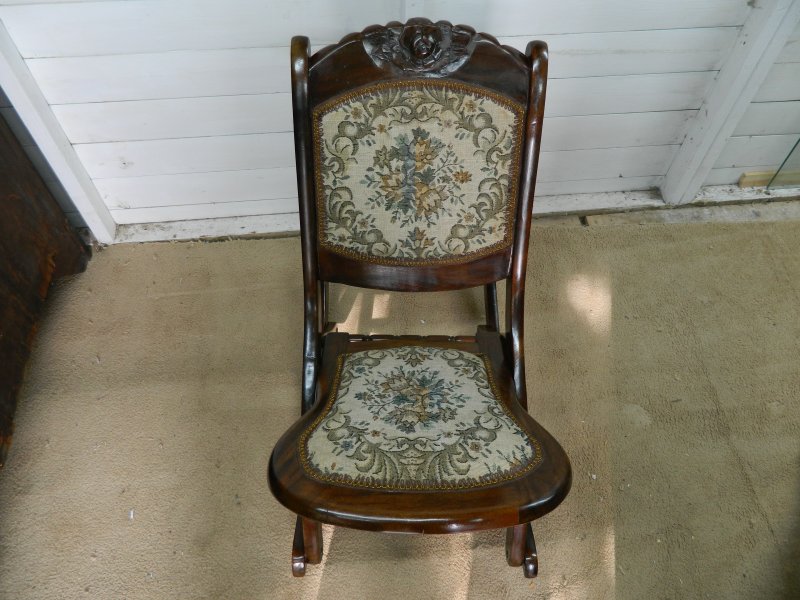 Vintage Antique Tapestry Carved Wood Folding Rocking Chair