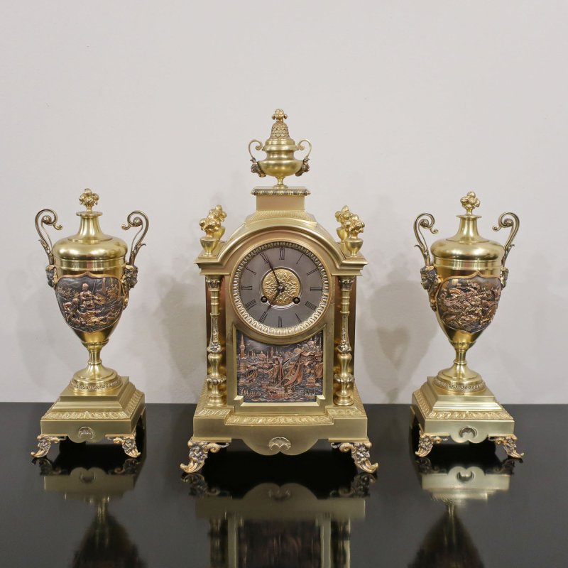 French Brass & Gilt Clock Set by A.D Mougin