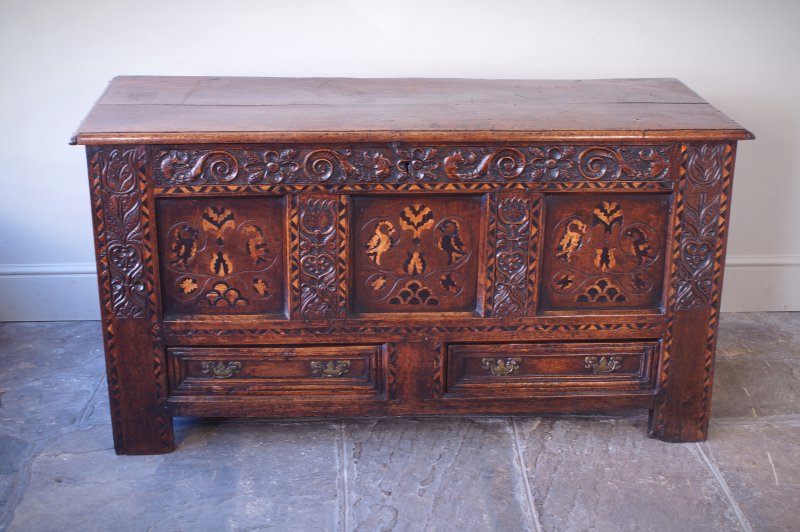 17th Century Oak & Inlaid Marquetry Coffer / Mule Chest