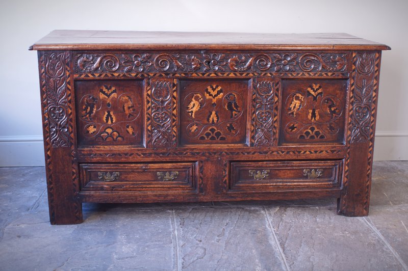 17th Century Oak & Inlaid Marquetry Coffer / Mule Chest