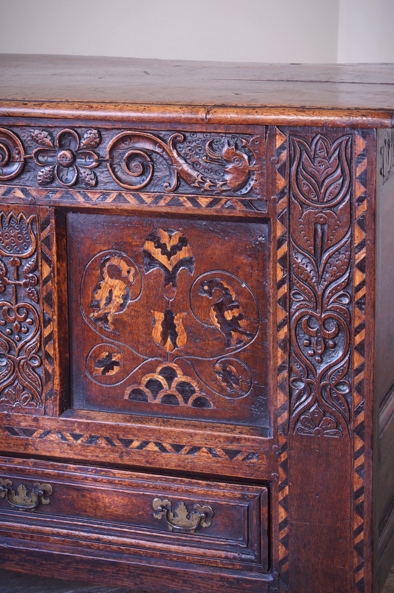 17th Century Oak & Inlaid Marquetry Coffer / Mule Chest