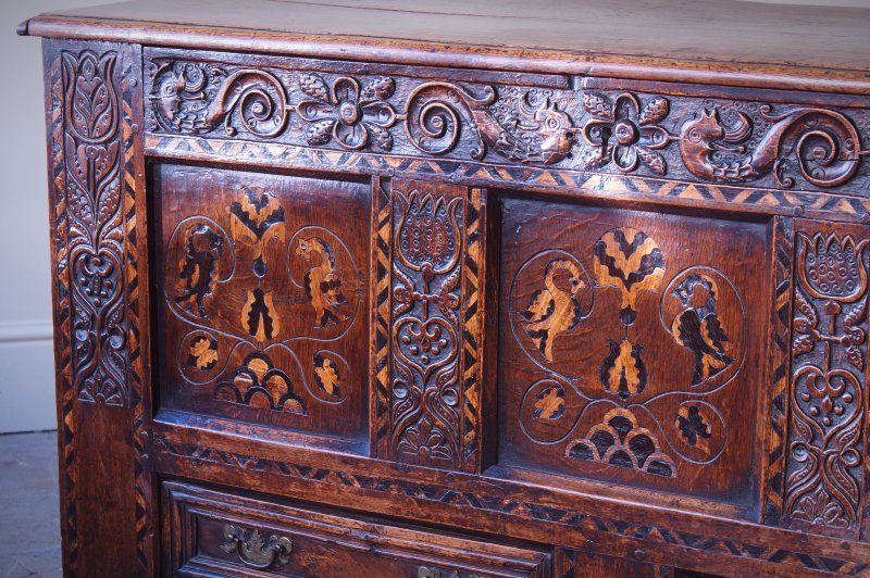17th Century Oak & Inlaid Marquetry Coffer / Mule Chest