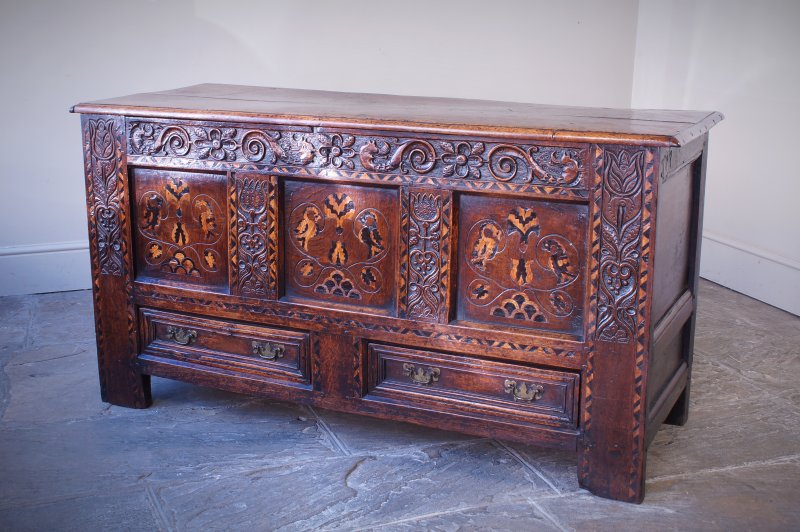 17th Century Oak & Inlaid Marquetry Coffer / Mule Chest