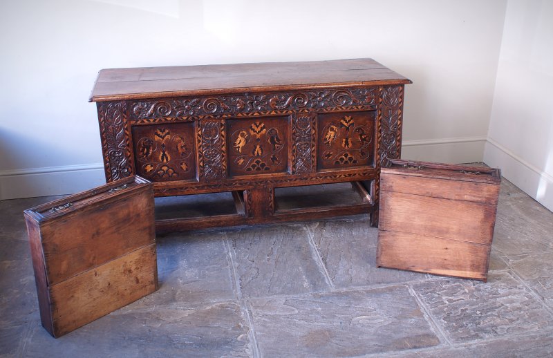 17th Century Oak & Inlaid Marquetry Coffer / Mule Chest