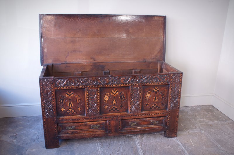 17th Century Oak & Inlaid Marquetry Coffer / Mule Chest