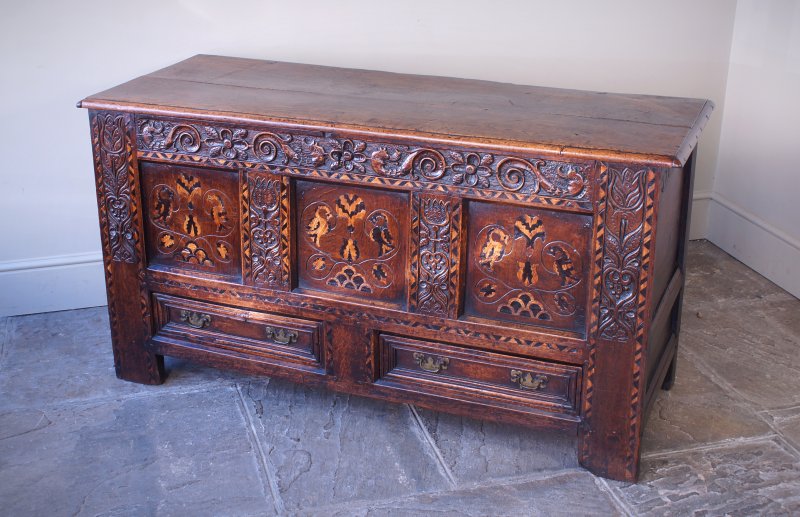 17th Century Oak & Inlaid Marquetry Coffer / Mule Chest