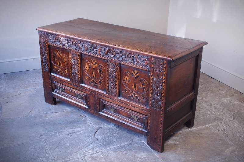 17th Century Oak & Inlaid Marquetry Coffer / Mule Chest