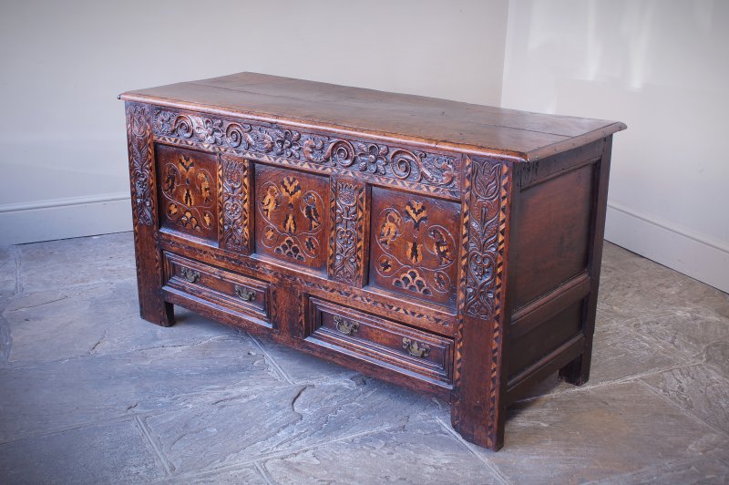 17th Century Oak & Inlaid Marquetry Coffer / Mule Chest