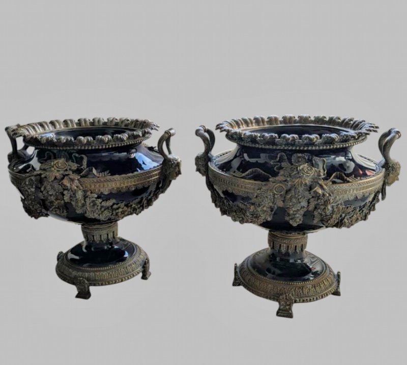 A Fabulous Pair of 19th Century French Blue Ceramic Jardinièr's