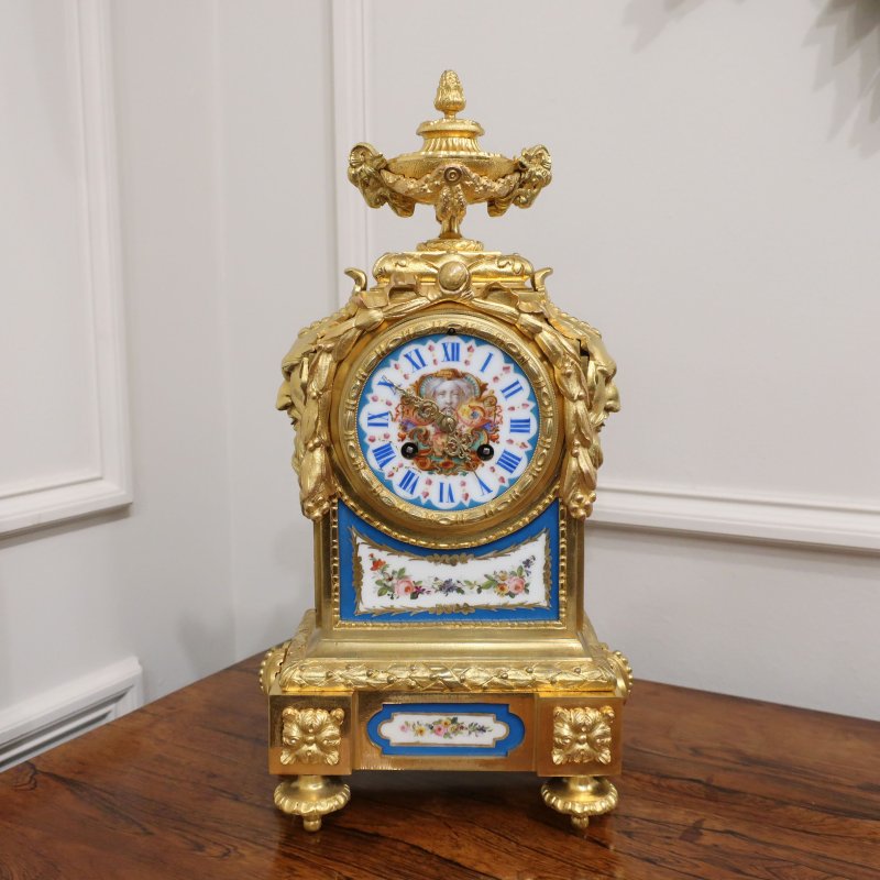 French Gilt Bronze & Porcelain Mantel Clock by Japy Freres