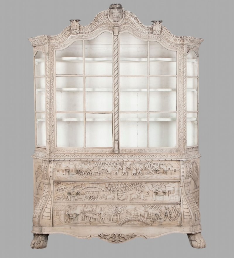 A Lovely 19thc Bleach Washed Dutch Oak Display Cabinet on Chest