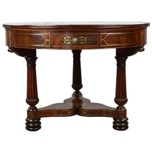 Regency Flame Mahogany Brass Inlaid Drum Table