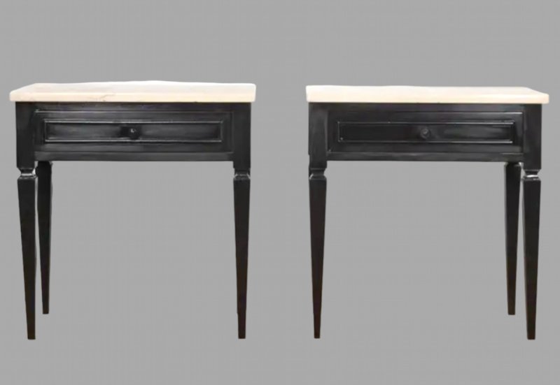 A Pair Of Marble Topped Ebonised Side/Bedside Tables