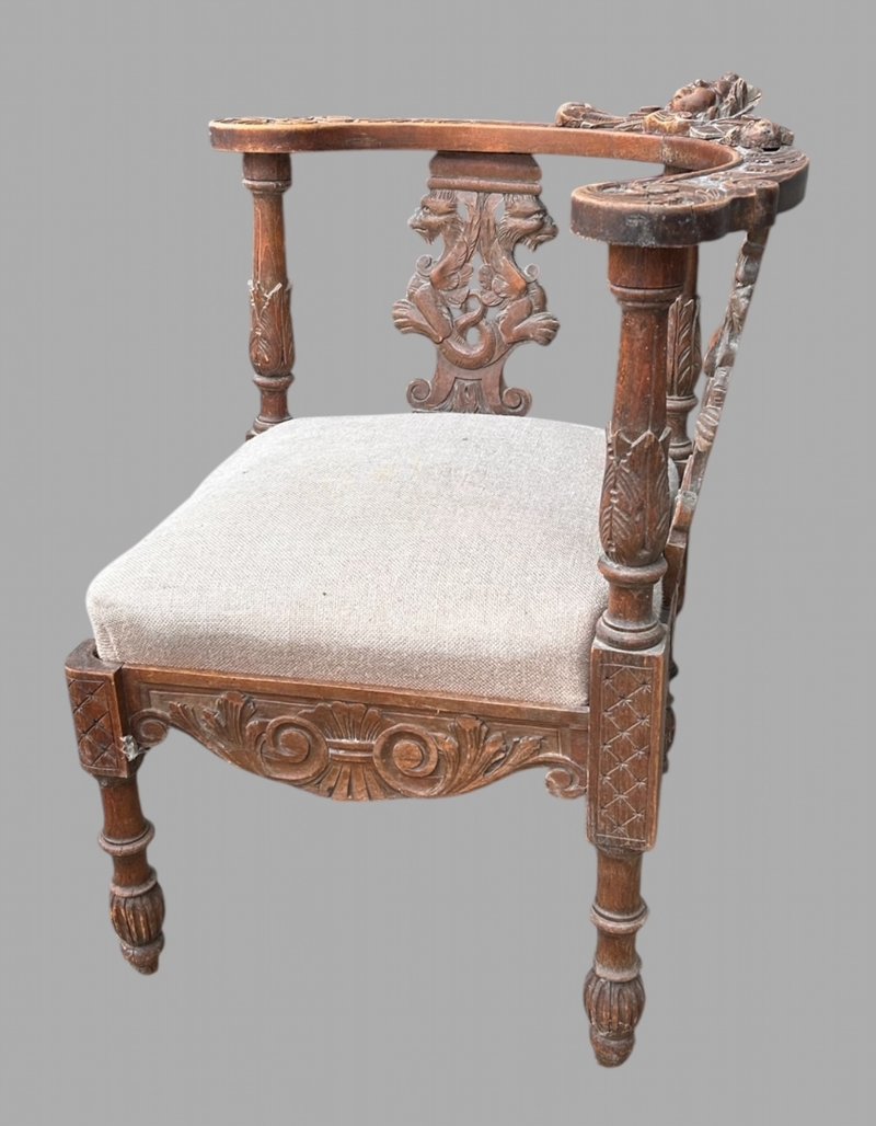 A Lovely Carved Italian Walnut Figural Corner Chair, c.1860