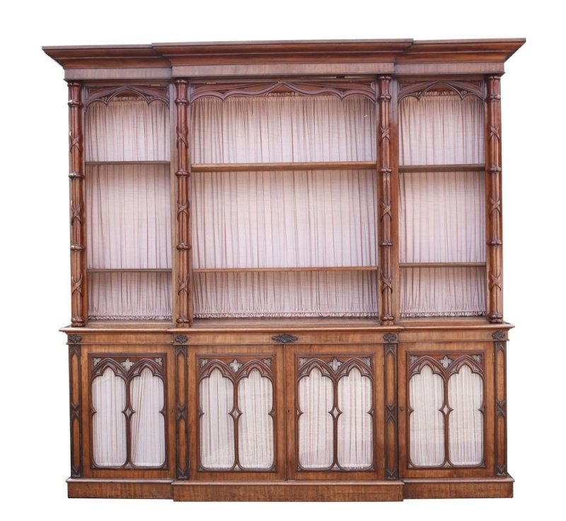 Large Victorian Gothic Revival Mahogany Breakfront Bookcase