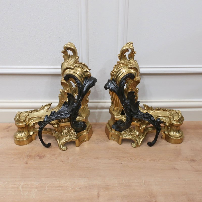 French Rococo Style Bronze & Gilt Chenets by Charles Casier
