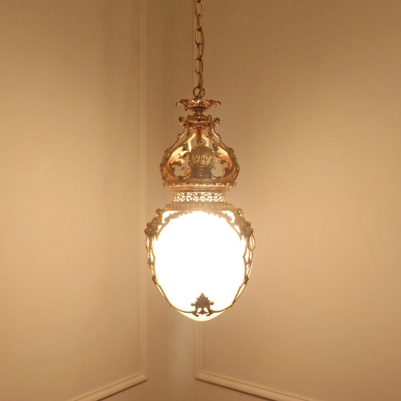 Victorian Gilt Bronze & Opaline Glass Pendant Lantern by Perry & Co