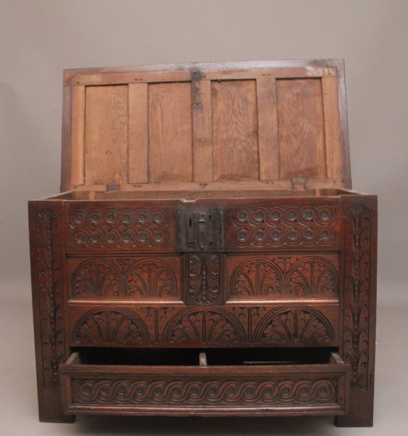 18th Century carved oak mule chest