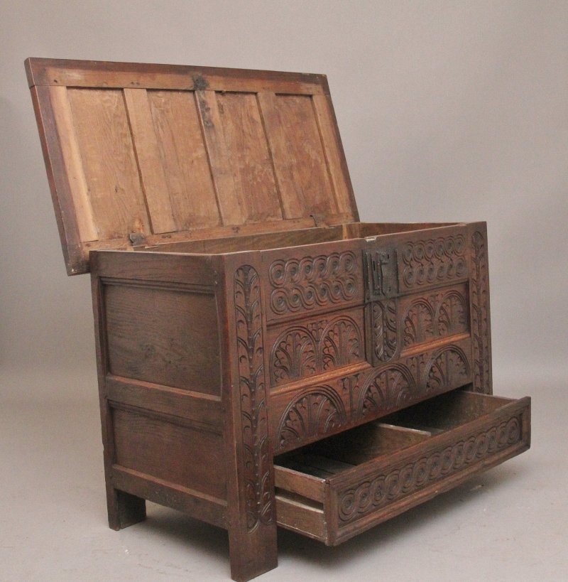 18th Century carved oak mule chest
