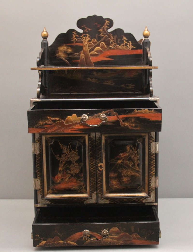 19th Century black lacquered and painted table cabinet