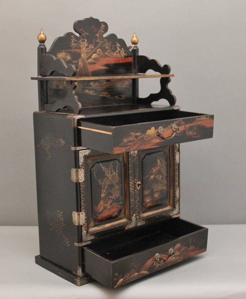 19th Century black lacquered and painted table cabinet